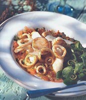 panache of scallops,squid with tomato,tarragon and chervil dressing